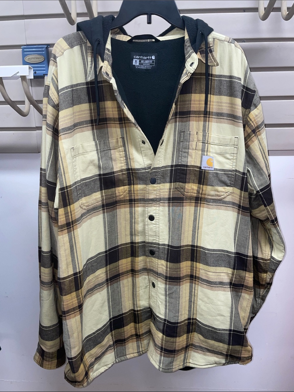 Carhartt Plaid Hooded Shirt Jacket in Cream, Brown & Black